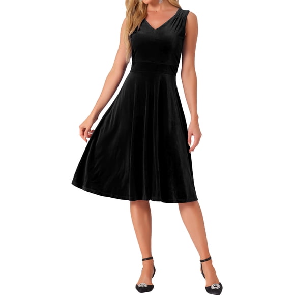 Vestido de cóctel midi sin mangas de terciopelo de cintura alta con escote en V y corte A para mujer, color negro