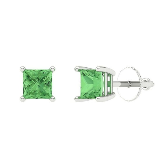 1.5 ct Screw-Back Stud Earrings for Women | 5.0mm Princess Cut Simulated Green Diamond | 18K White Gold