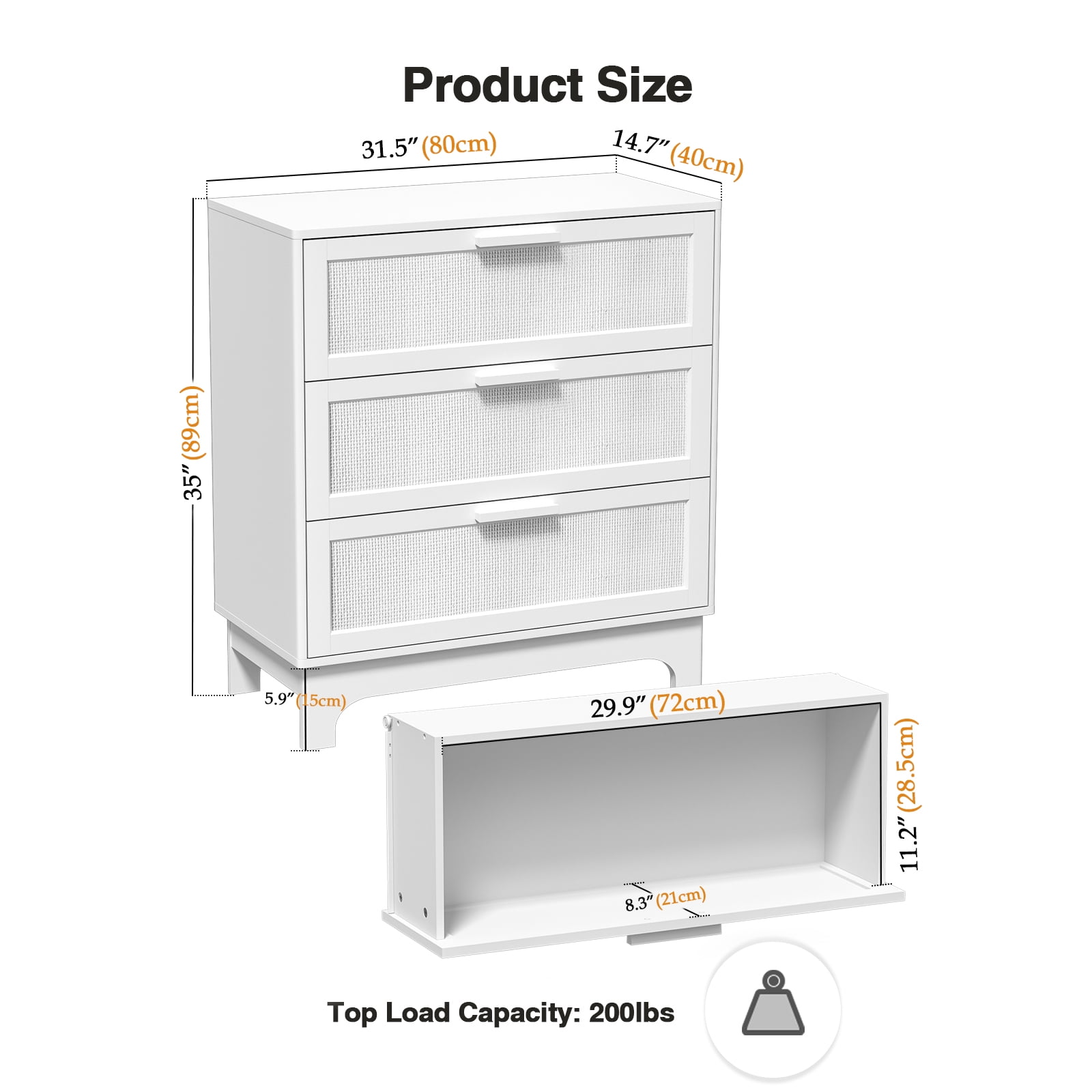 Eumyviv 3 Drawer Dresser, White Rattan Dresser for Bedroom Chest of Drawers for Living Room Bedroom, White H0151