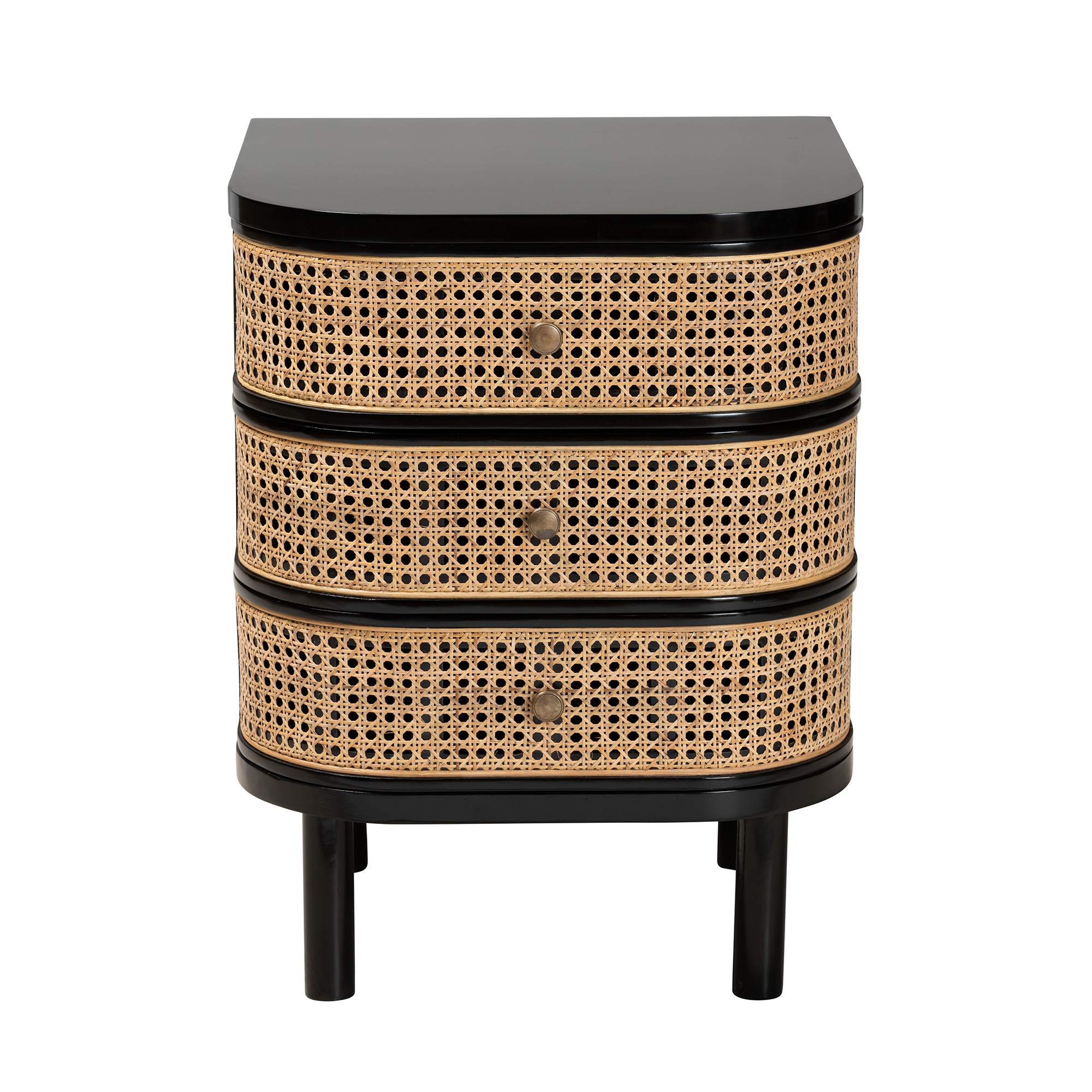 bali & pari Nabila Rattan and Bayur Wood BOHO Nightstand, 3-Drawer, Black