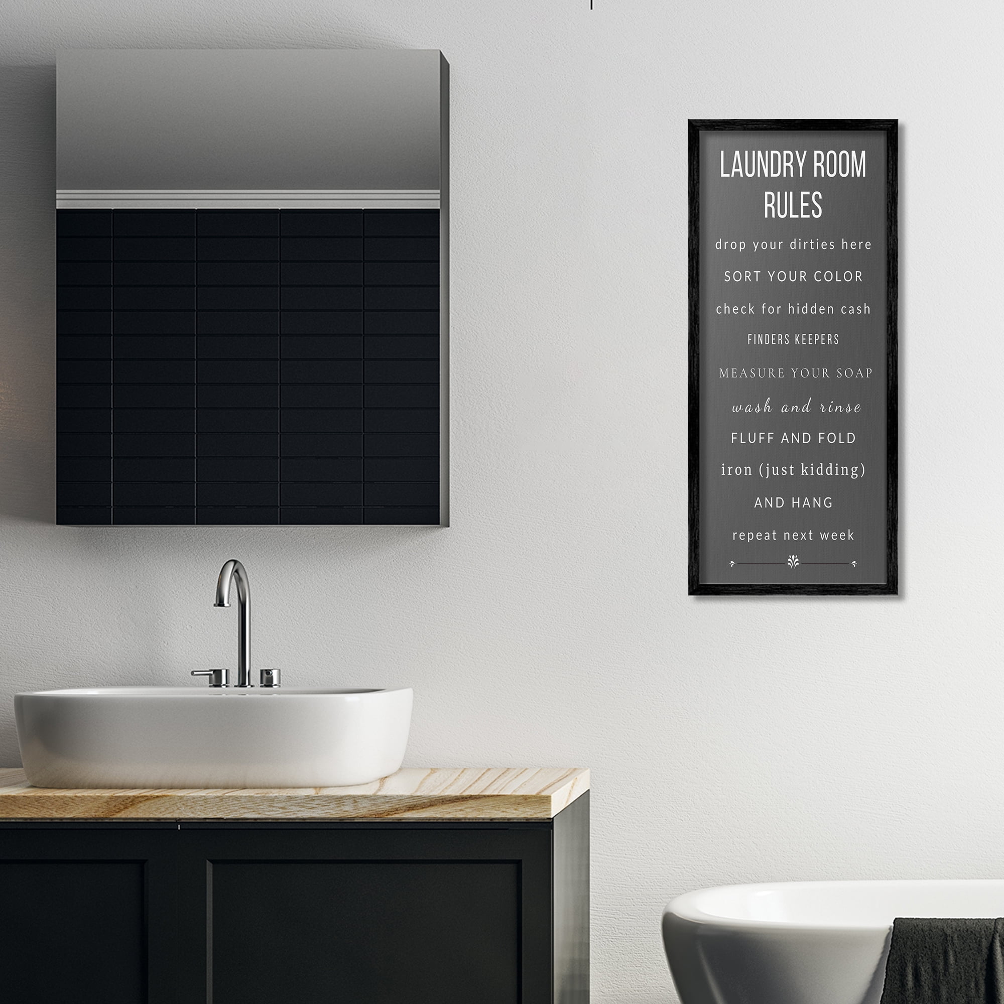 Grey Rules of Laundry Room Black Framed Giclee Art, design by Julia Frost