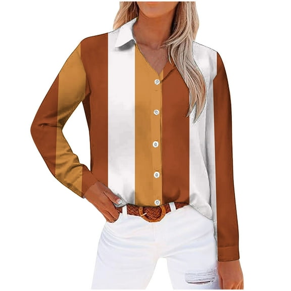Spring Fashion!DianGeFu Womens Fall Tops Long Sleeve Shirts Casual Tunic Top Basic Clearance 2024,Women's Long Sleeved Regular Casual Orange Series Printed Lapel Button Up Shirt,Orange,L