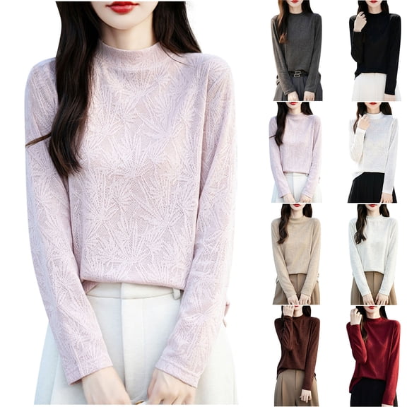 Zedker Women's 100% Wool 2025 Fall Winter First-Line Wear Long Sleeve Seamless Knit Crewneck Sweaters for Women Beige L