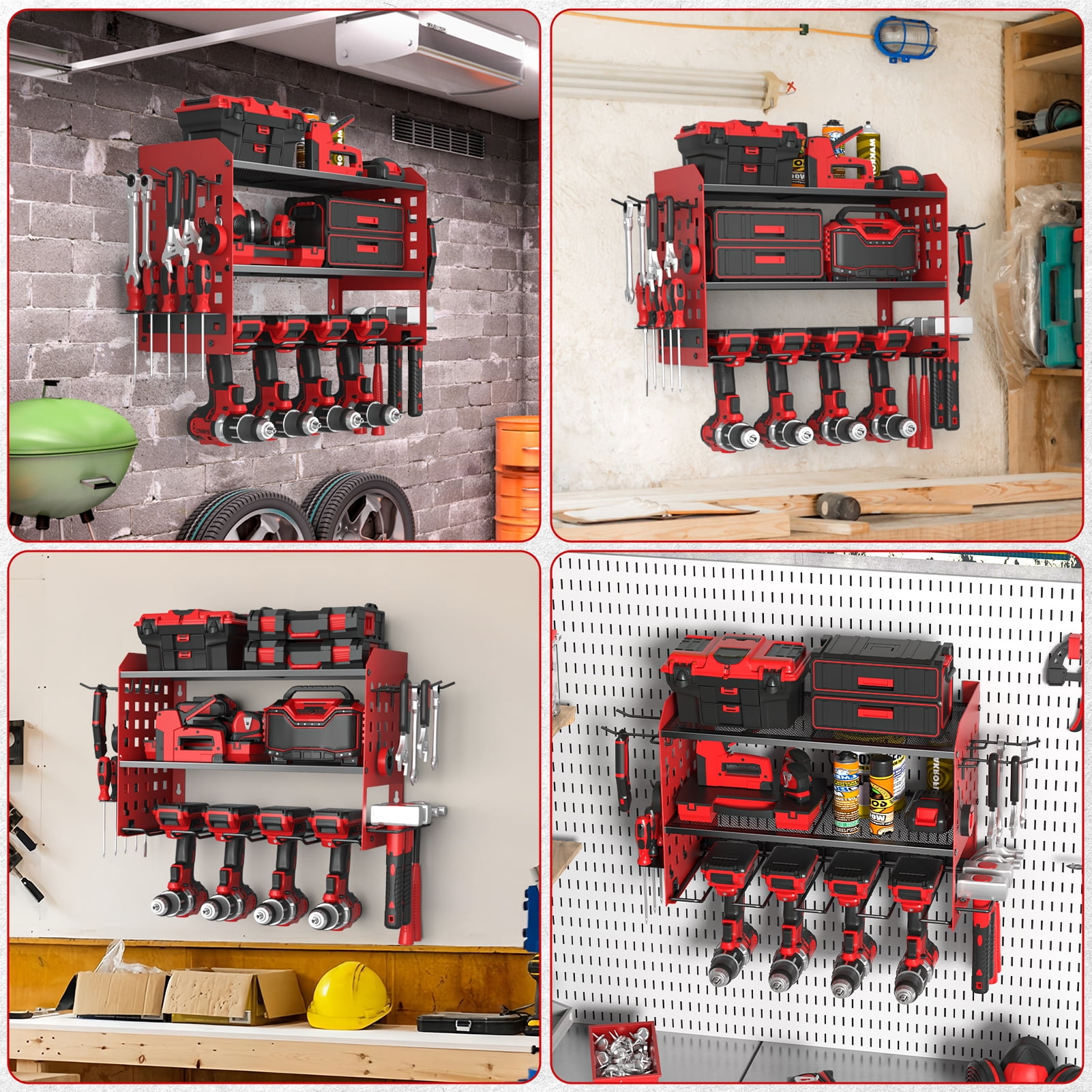 SUNALLY Power Tool Organizer, 3 Layers Drill Holder Wall Mount with 2 Side Pegboards, Heavy Duty Tool Storage Rack for Garage, 150Lbs Load Capacity, Red