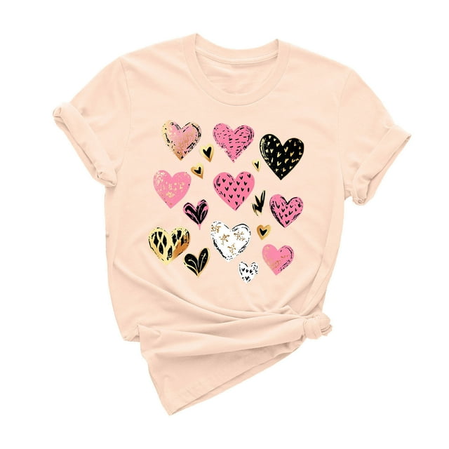 XMMSWDLA T-Shirts Graphiques Cœurs de Pêche Mignons pour Femmes, Col Rond, Manches Courtes, Été, Beige, Printemps 2024
