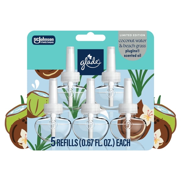 Glade® PlugIns®, Coconut Water & Beach Grass Scented Oil, 3.35 oz, 5 Count
