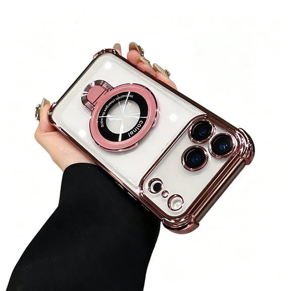 Lunvic Case for iPhone 17 Pro Max, Clear TPU Cover with Ring Kickstand, Shock-Absorbing Corners, Raised Camera Frame, Pink