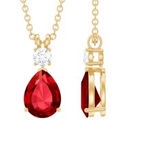 Rosec Jewels Minimal Drop Pendant with Created Ruby and Moissanite for Women (AAAA Quality), 10K Yellow Gold