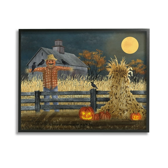 Stupell Industries Scarecrow Farm Landscape Holiday Painting Black Framed Art Print Wall Art, 14 x 11