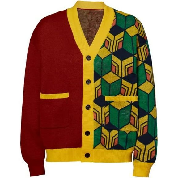 Men's Cardigan Top Knitted Red and Green Sweater Long Sleeve Coat Jacket