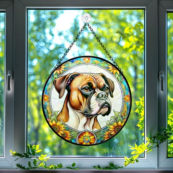 89Bloom Boxer Window Hanging Stained Glass, Boxer Suncatchers for Windows Stained Glass, Stained Glass Dog suncatcher, Dog Stained Glass