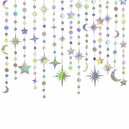 Iridescent Star Moon Circle Dot Garland Party Decoration Kit Hanging Crescent and Twinkle Little Star Streamer Bunting Banner for Kids First Birthday Ramadan EID Mubarak Baby Shower Wedding Decor