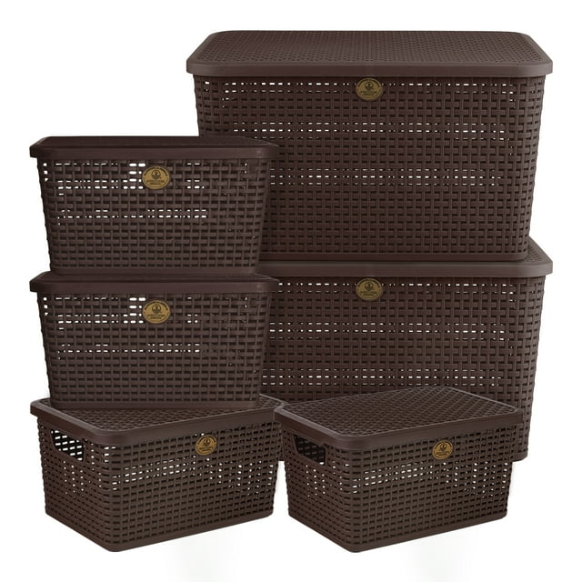 kit 6 cajas organizadoras de plástico la ardilla tipo rattan (chocolate) Kit de 6 cajas color chocolate con acabado tipo rattan, vista frontal con 4 cajas chicas y 2 medianas apiladas; tapas planas, asas integradas y placa con logo visible. Dimensiones: chica 29 x 20.5 x 14.8 cm, mediana 46.2 x 33.5 x 25.5 cm. Ideales para closets, lavandería o cocina y para guardar ropa, juguetes y accesorios domésticos.