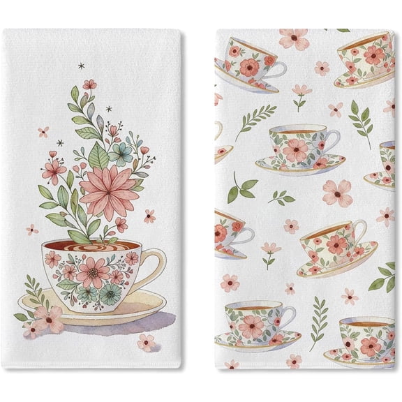 Watercolor Teacup Kitchen Dish Towels Set of 2, Pink Flower Coffee Cup Drying Hand Towel Baking Cooking Cloth Gift for Women Girls, Afternoon Tea Party Coffee Bar Cafe Home Decor 18''x26''