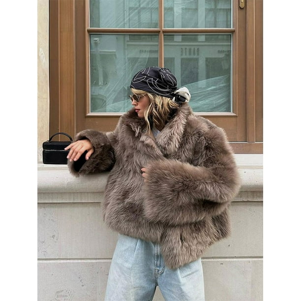 Chaqueta de piel sintética para mujer, abrigo corto de manga larga con solapa, color liso, moda de invierno, 2024