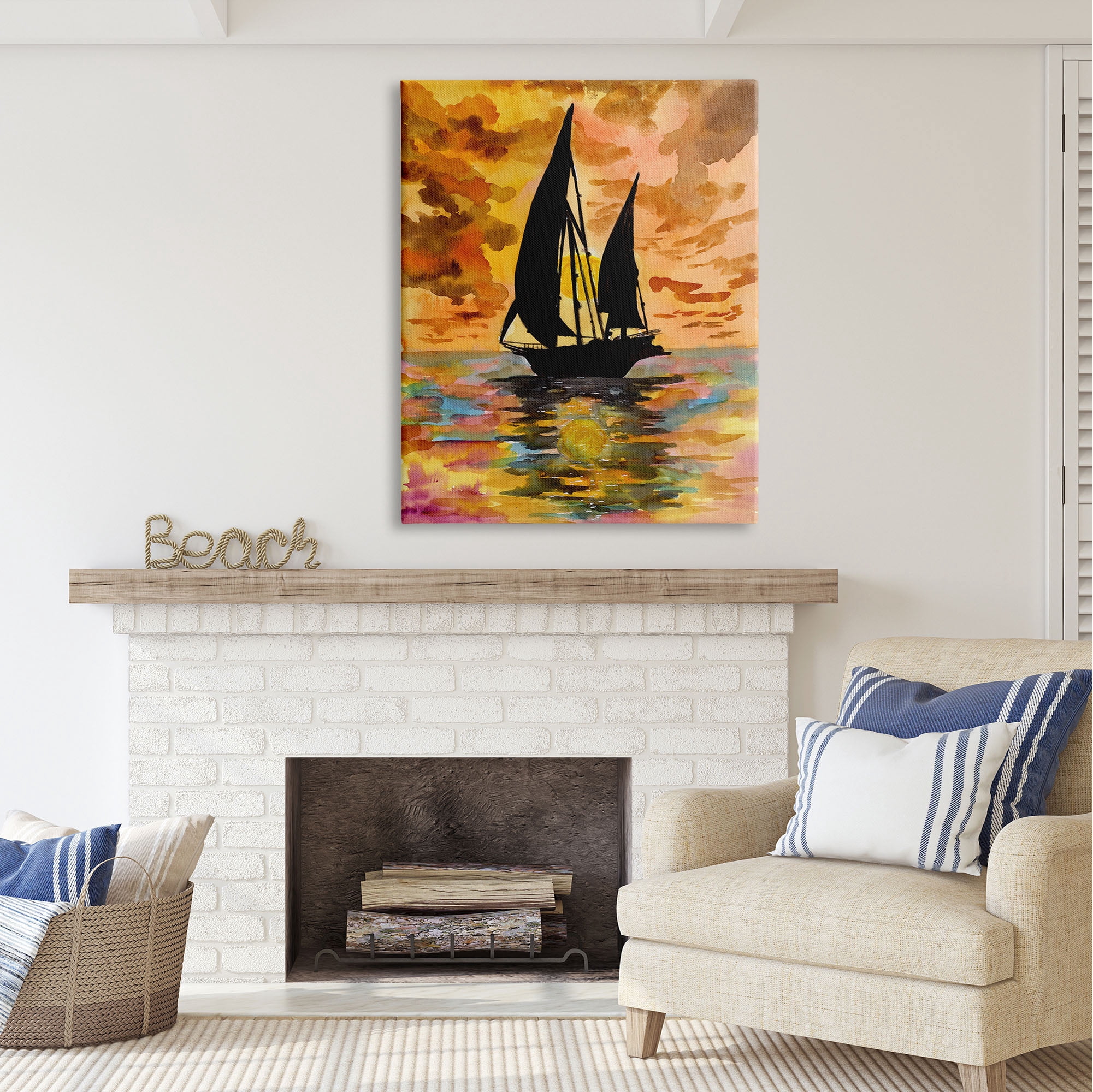 Stupell Industries Sailboat at Sunset Transportation Painting Gallery Wrapped Canvas Print Wall Art, 36 x 48