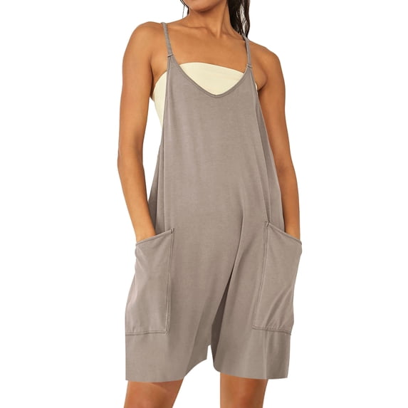Xuanfei Women Solid Color V Neck Sleeveless Pockets Cami Jumpsuit Rompers