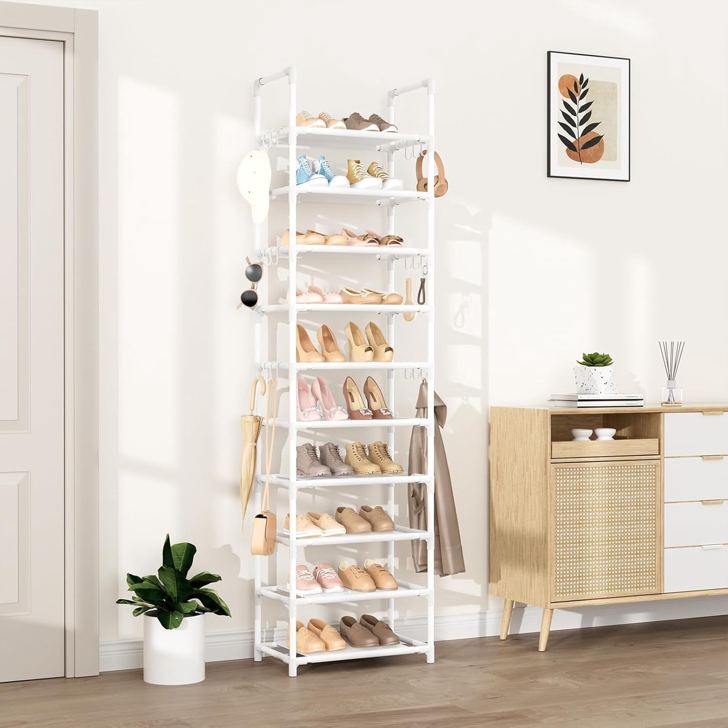 10 Tiers Tall Shoe Rack Holds 20-25 Pairs of Shoes Sturdy Vertical Shoe Organizer with 18pcs Hooks Stackable Narrow Shoe Rack for Closet, Entryway White