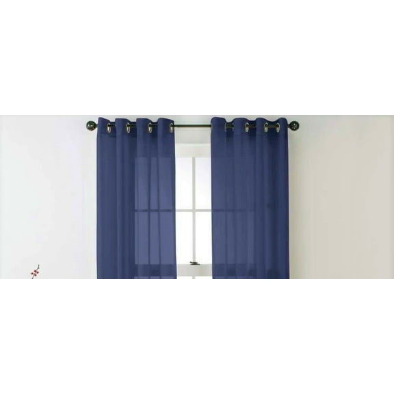 2-PC Set Ruby Navy Blue Solid Sheer Panels Faux Silk with Grommets Window Curtain Treatment Panel See Thru size 55" Wide x 36" Long (Each)