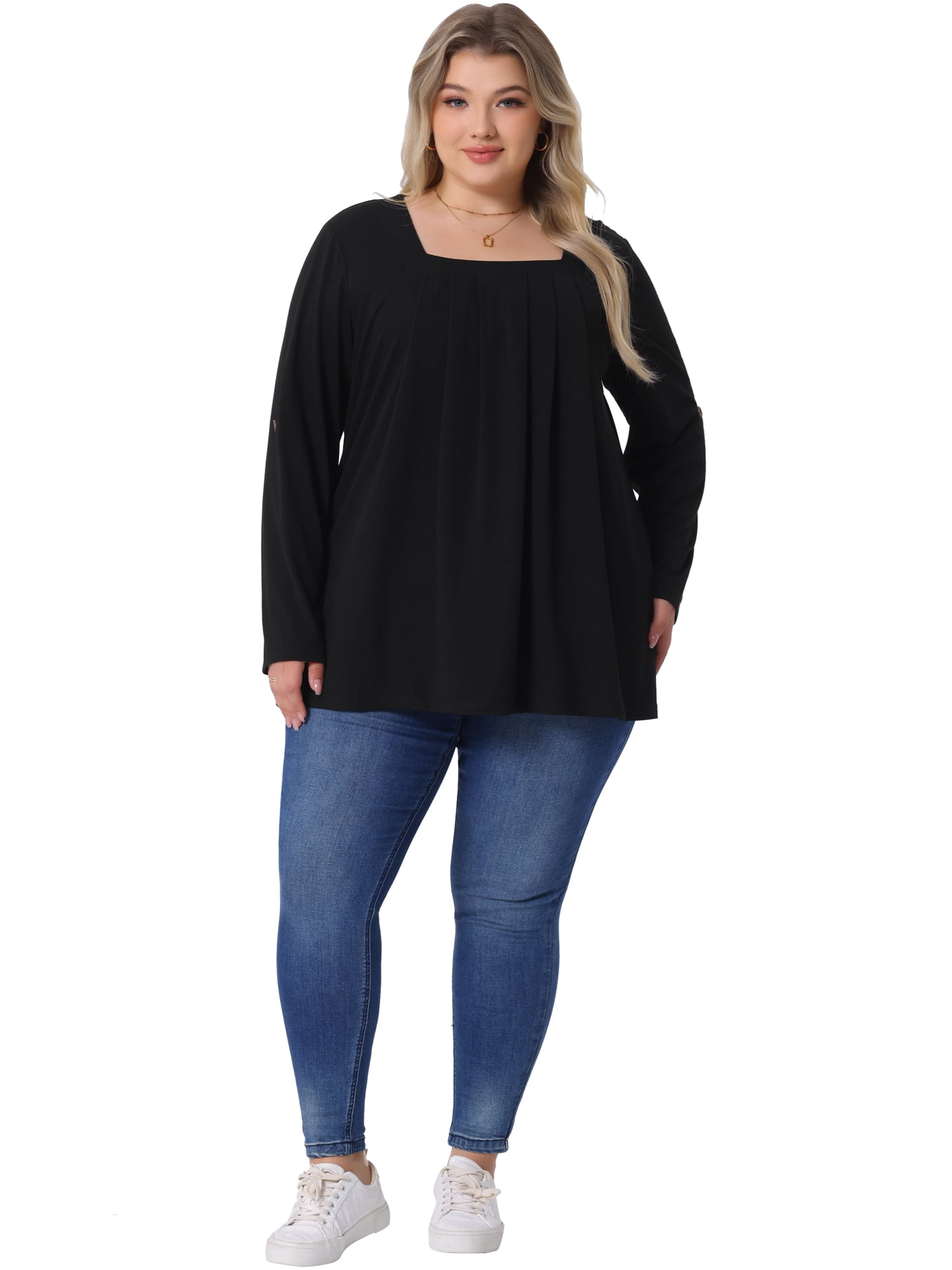 DARING DIVA Women's Plus Long Sleeves Square Neck Flowy Pleated Top 1X Black
