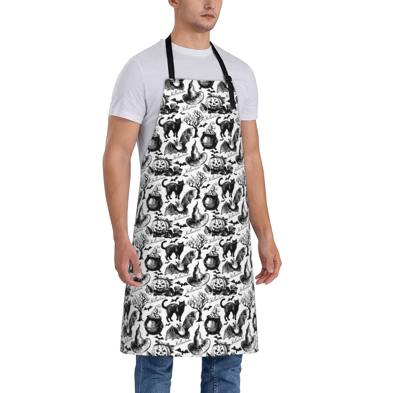 Kdxio Black White Halloween Apron with Pockets Adjustable Kitchen Aprons for Men Women Waterproof Aprons for Cooking,Drawing,Crafting, Baking Household Cleaning
