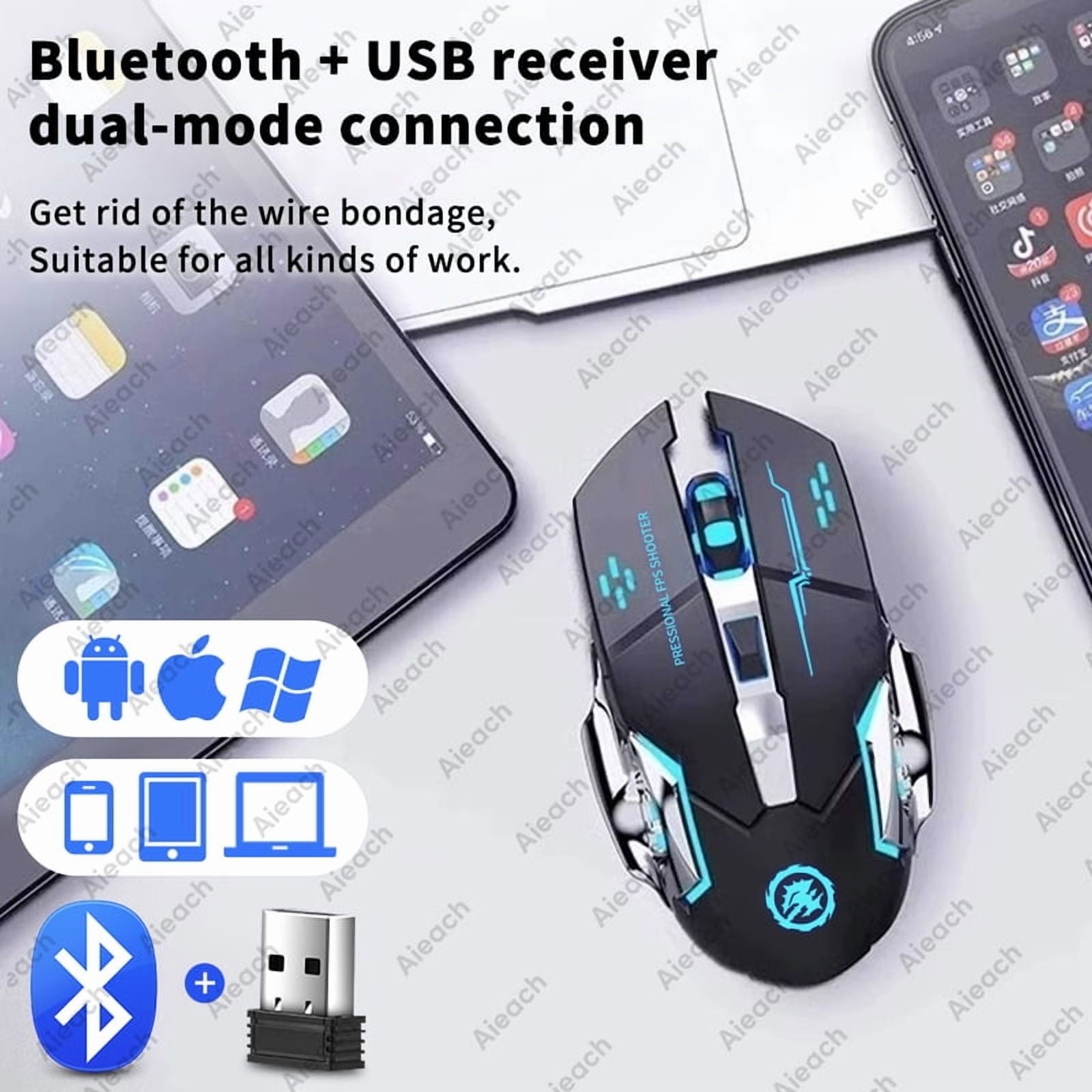Dual-Mode Wireless Mouse, 2.4G/Bluetooth Electroplating Mechanical for MacBook Pro/Surface Pro, 2000DPI Backlit Rechargeable