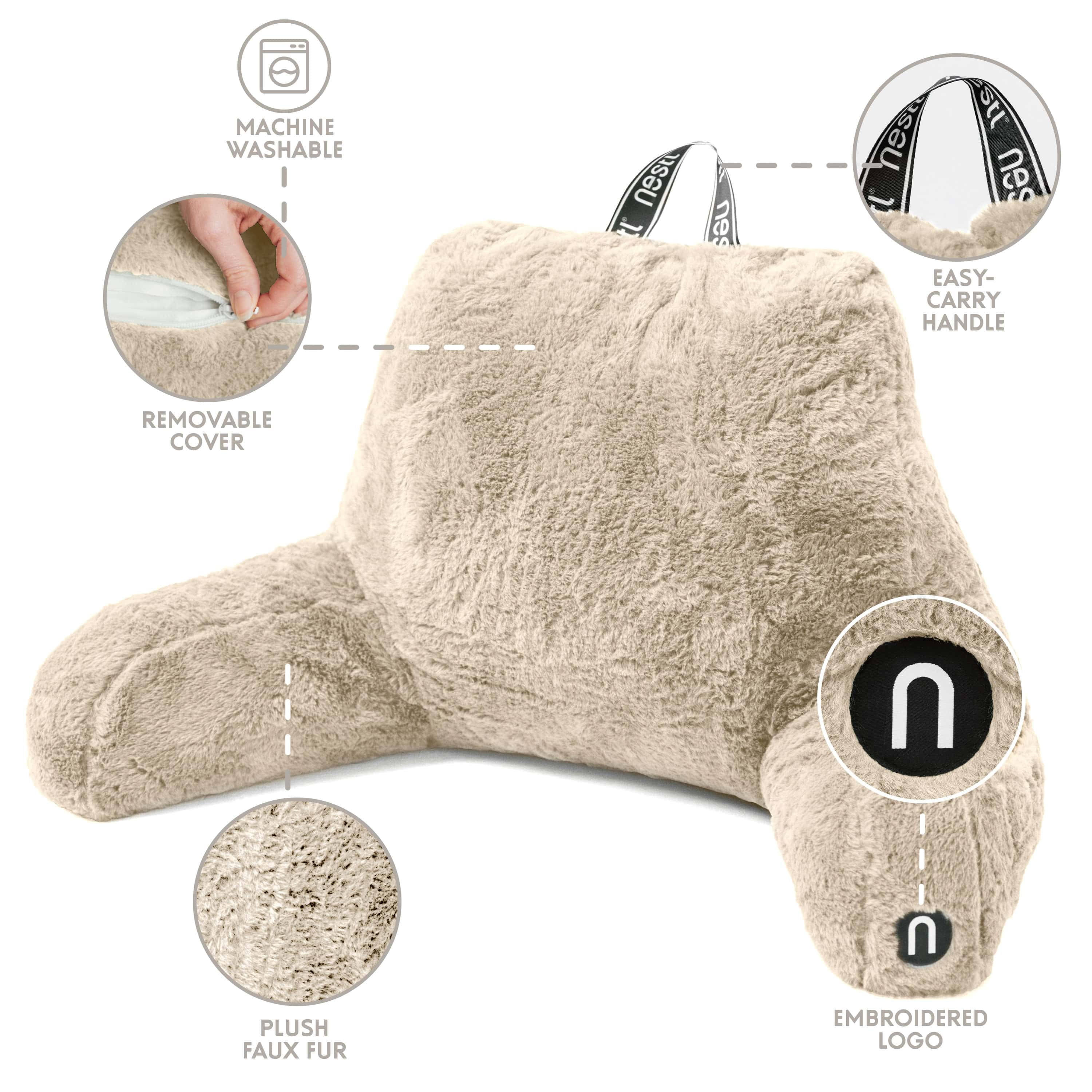 Nestl Fur Reading Pillow with Lap Desk, Stylish Arm Rest Pillow, Lap Desk with Backrest Pillow for Sitting in Bed, Faux Fur, Linen