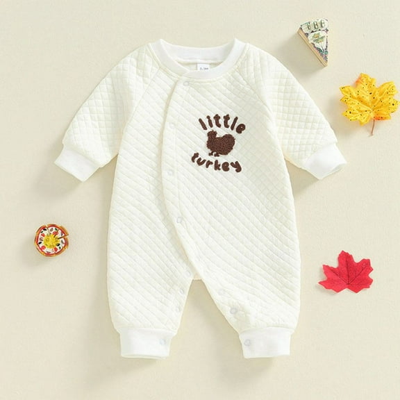 Hotiary 0-6M Infant Thanksgiving Cotton Casual Onesie Boys and Girls Turkey Embroidery Long Sleeve Crew Neck Jumpsuit