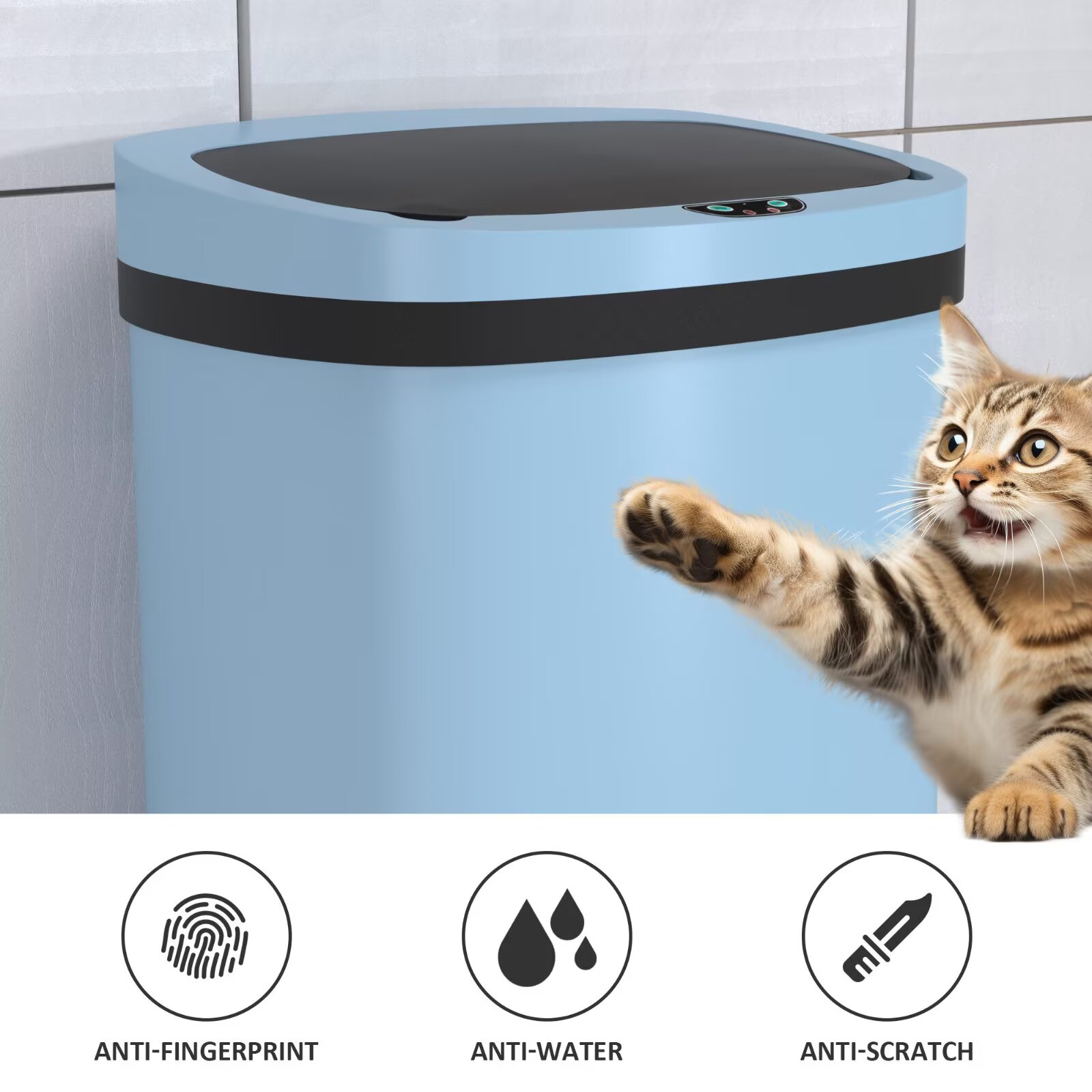 YRLLENSDAN 13 Gallon Touchless Stainless Steel Trash Can, Automatic Garbage Cans with Lid, Motion Sensor Wateproof Trash Bin for Kitchen Bedroom Bathroom Office, Blue