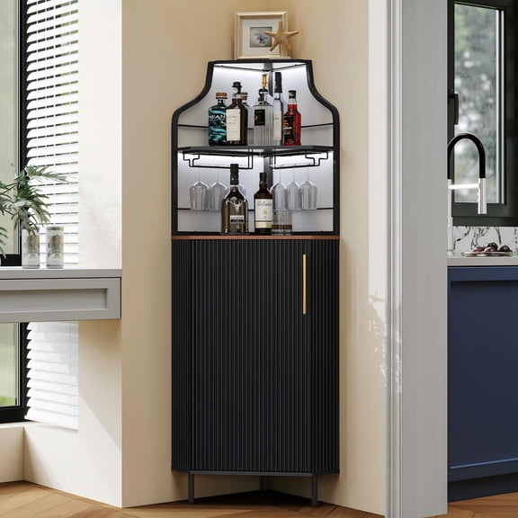 CBJCBJ Corner Coffee Bar Cabinet with LED Strip, Modern Wine Bar Cabinet with Cup Rack, for Dining Room,Black
