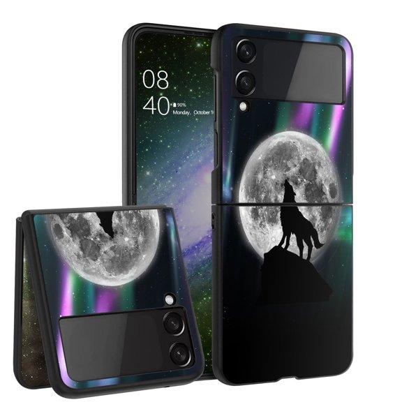 ANJ  Hard Protective Printed Case Cover Compatible with Samsung Galaxy Z Flip 4 - Full Moon Howling Wolf