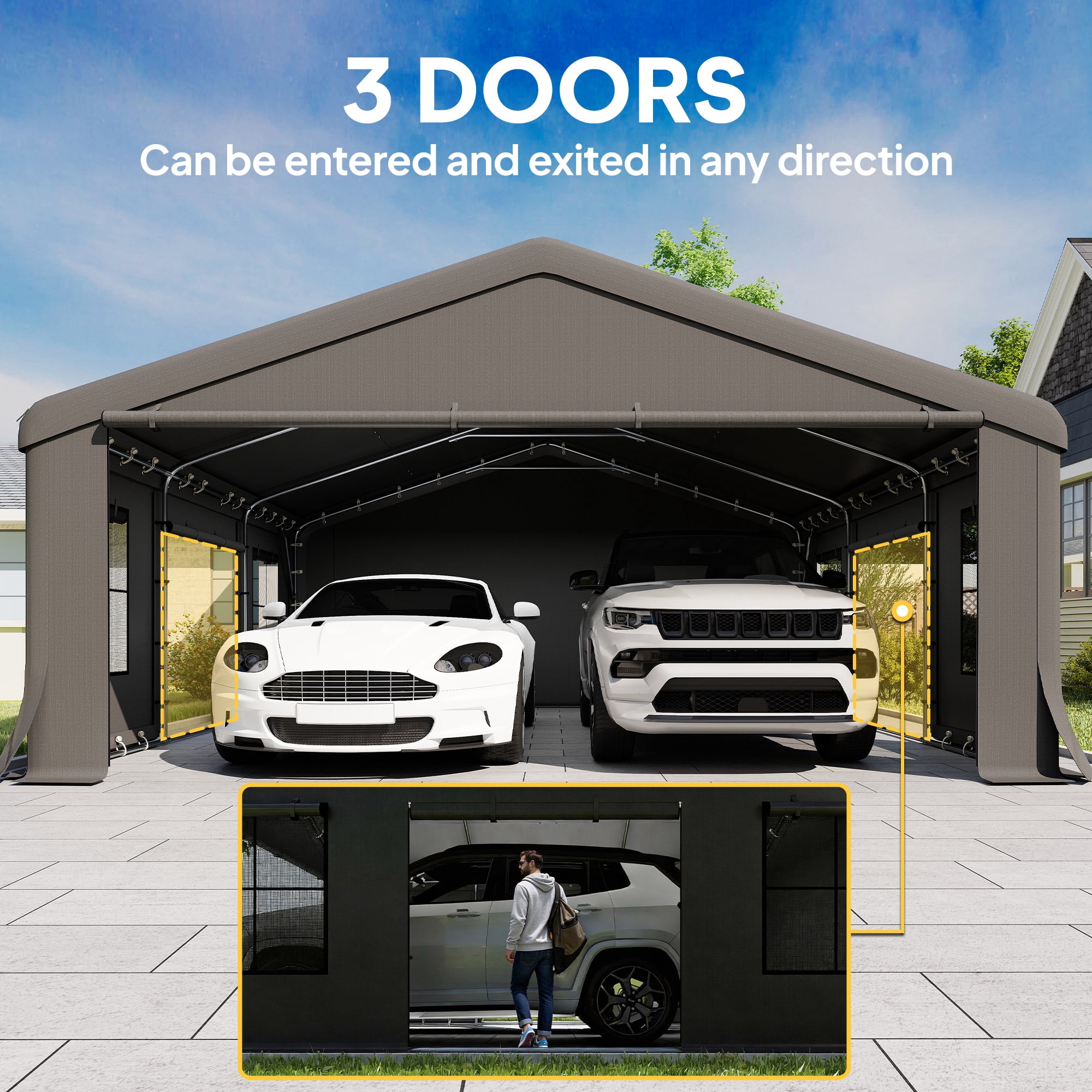 Outsunny 20' x 20' Heavy Duty Carport, Portable Garage Car Canopy Tent with Reinforced Galvanized Frame, 3 Roll-up Doors, 4 Mesh Windows, Dark Gray