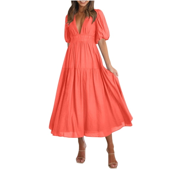 Bixock Dresses for Women Casual Midi Dress Solid Color Bubble Sleeve V Neck High Waist A Line Boho Dress Sundress Travel Vacation Beach Clothes
