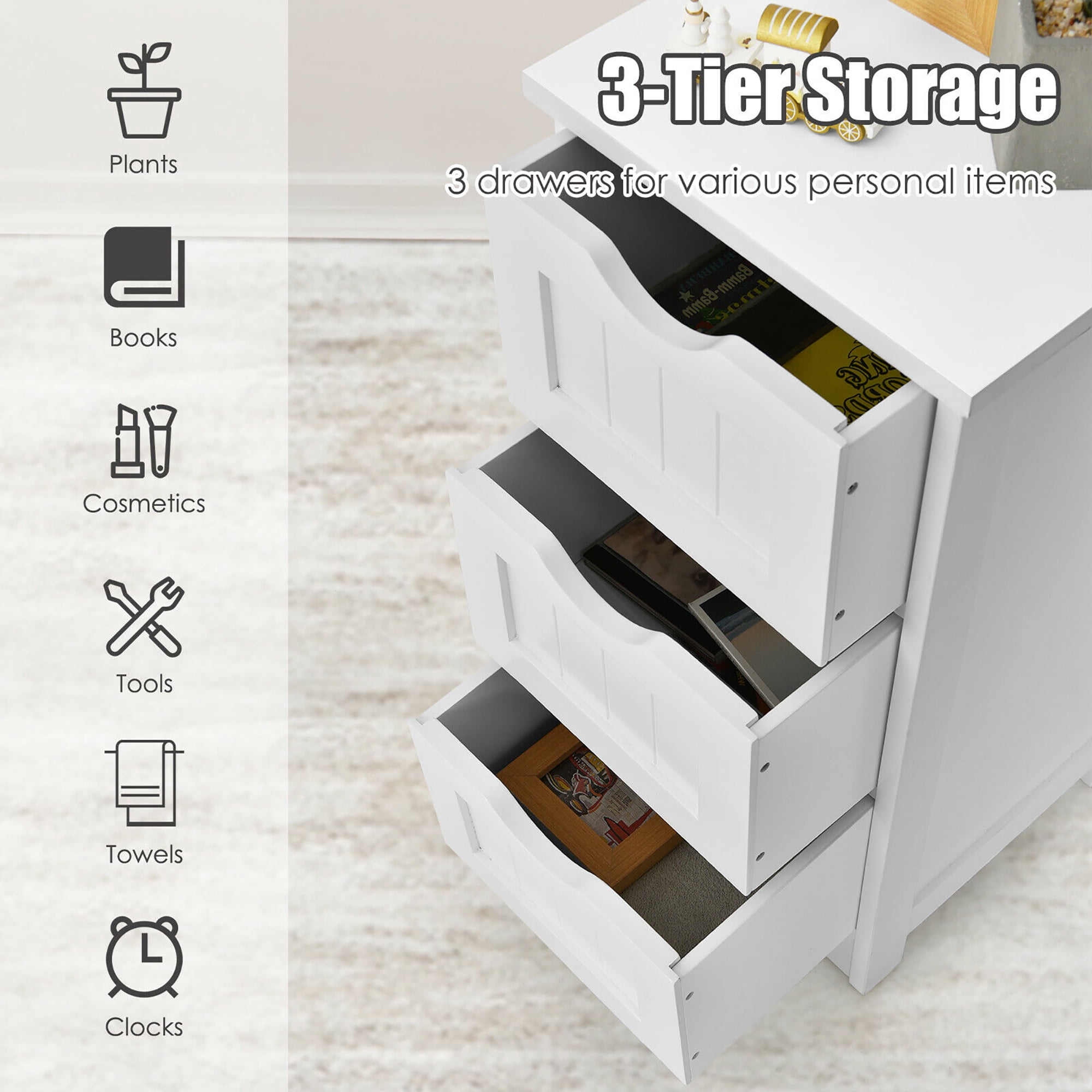 Costway White Floor Storage Cabinet Bathroom Organizer Free Standing 3 Drawers