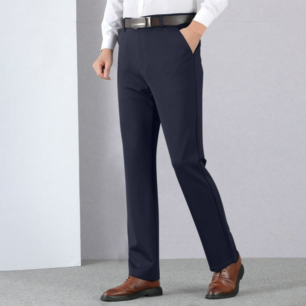 Pantalones de traje de hombre con cremallera y bolsillo, rectos, de tubo, de color liso, de poliéster