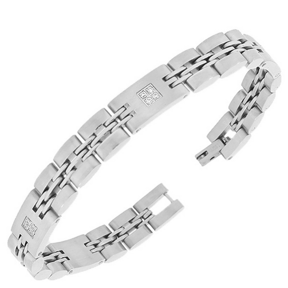 Stainless Steel Silver-Tone Link Chain White Round CZ Mens Bracelet with Clasp