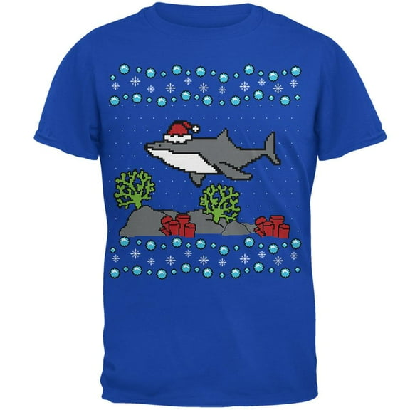 Ugly Christmas Sweater Shark Santa Hat Mens Soft T Shirt Royal LG
