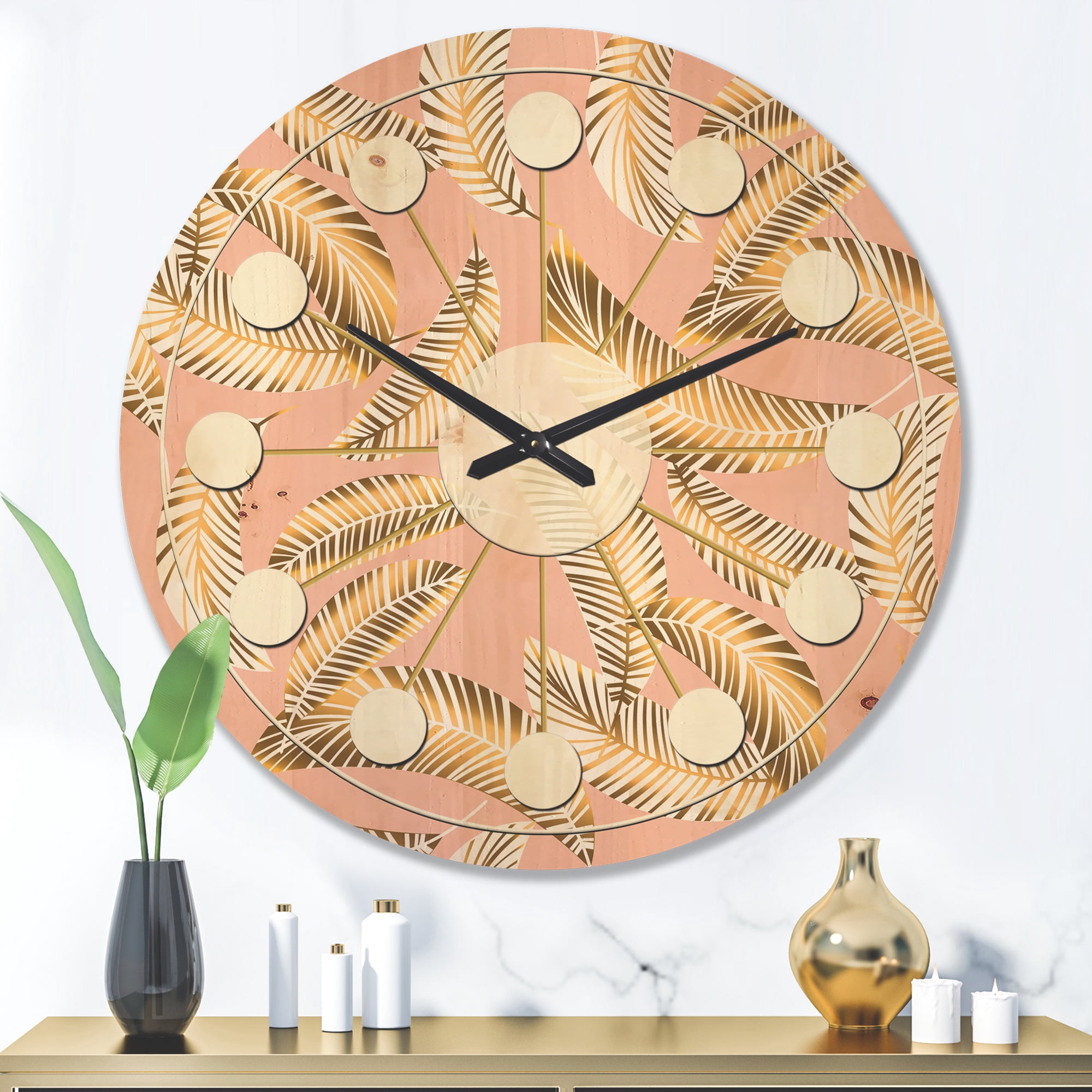 Designart 'Retro Golden Foliage IV' Mid-Century Modern Wood Wall Clock