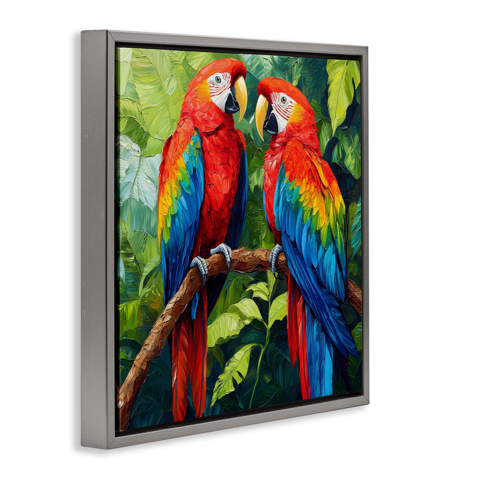Stupell Industries Tropical Parrot Pair Gray Framed Floater Canvas Wall Art, design by Petal Prints Design