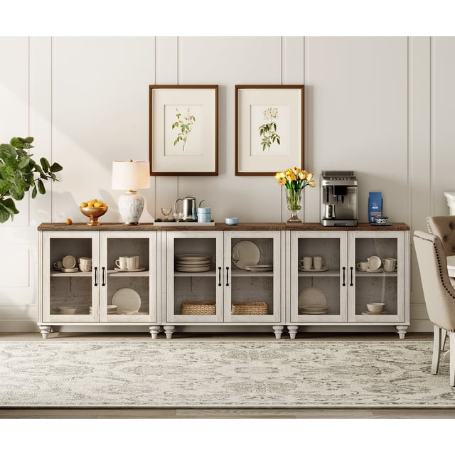 WAMPAT 3-in-1 Buffet Server Table, Accent Sideboard with Glass Door & Storage, Console Table for Kitchen, Dining Room, Living Room, Rustic White