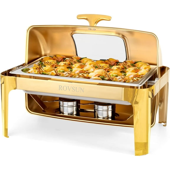 ROVSUN 9QT Roll Top Chafing Dish Buffet Set,Rectangular Stainless Steel Buffet Warmer Chafers and Buffet Warmers Sets with Thick Frame for Catering Events Parties Weddings Dinners,Gold