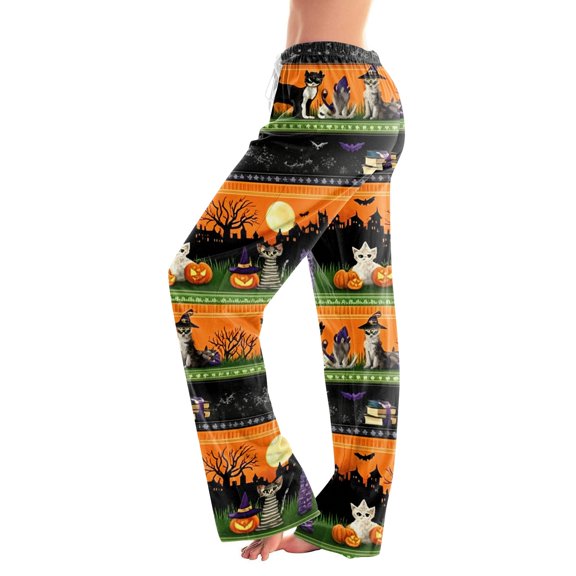 Womens Halloween Pajama Pants Soft Drawstring High Waist Sleepwear Pant Pumpkin Print Graphic Wide Leg Loungewear Bottoms