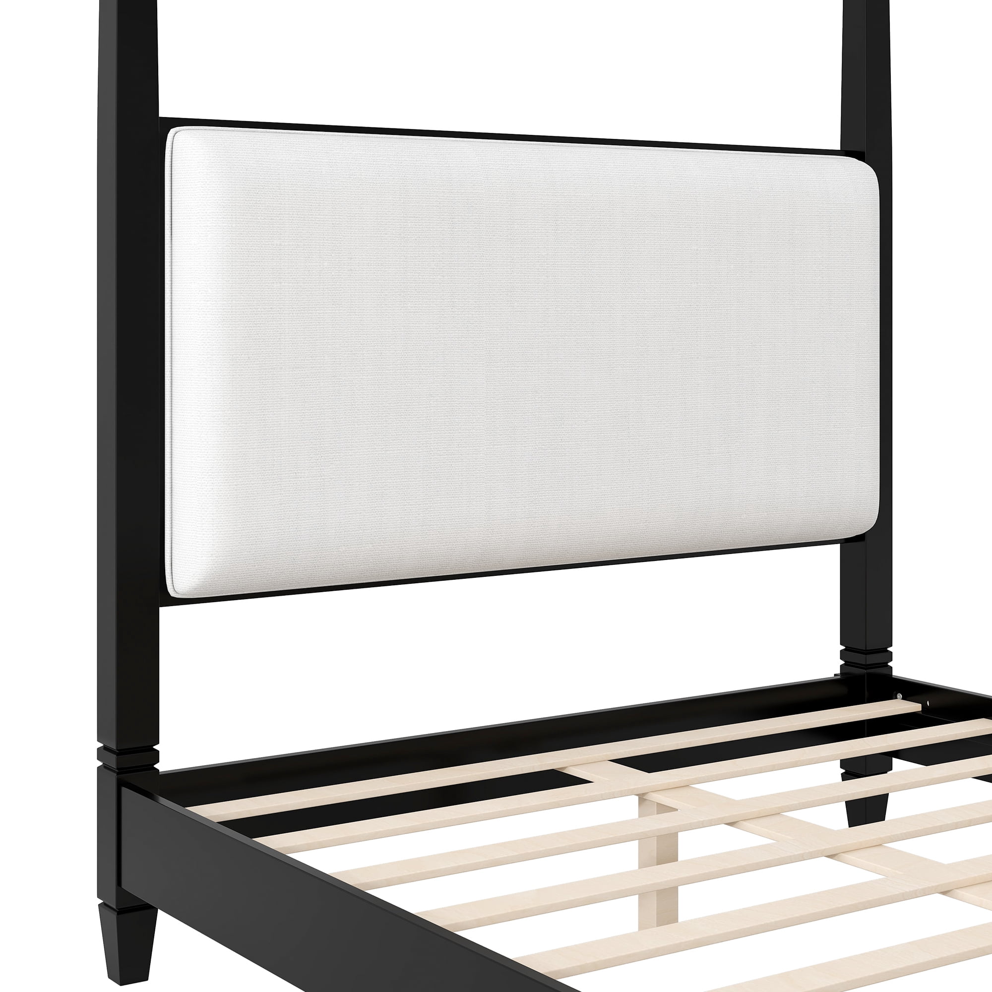 Euroco Wood Queen Size Canopy Platform Bed with Upholstery Headboard, Black