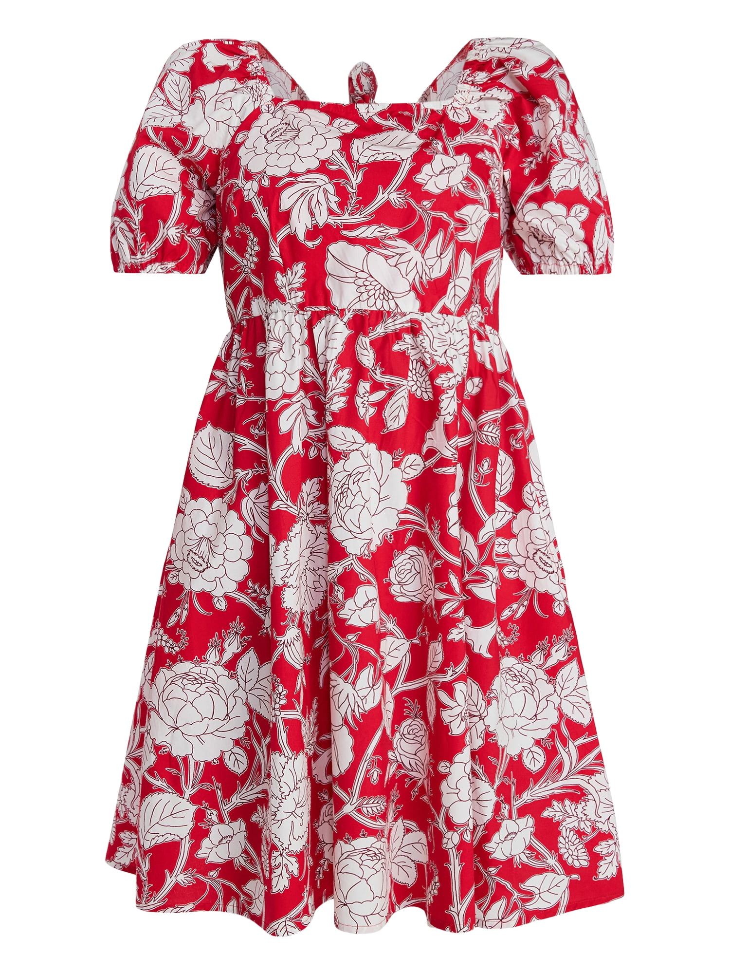 Time and Tru Women's and Women's Plus Tie Back Mini Dress with Puff Sleeves, Sizes XS-4X