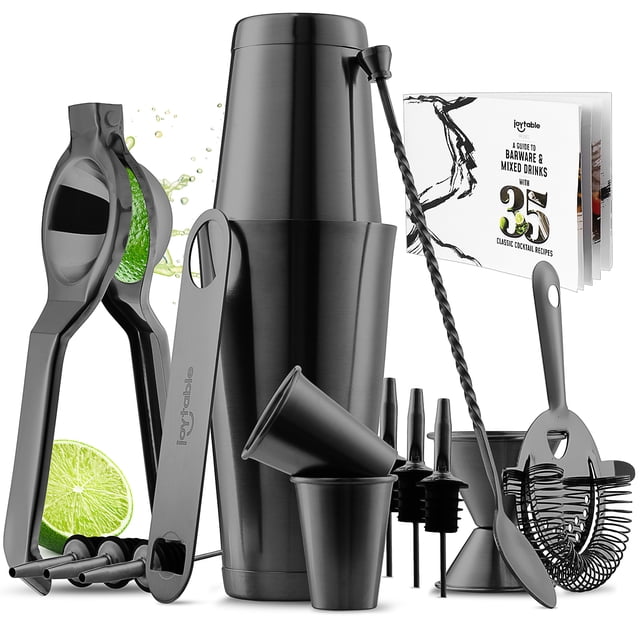 JoyTable 16pc Bartender Cocktail Shaker Set, Stainless Steel Bartender Kit Bar Tool Set, with All Bar Accessories Plus Lemon Squeezer and Great Recipe Book