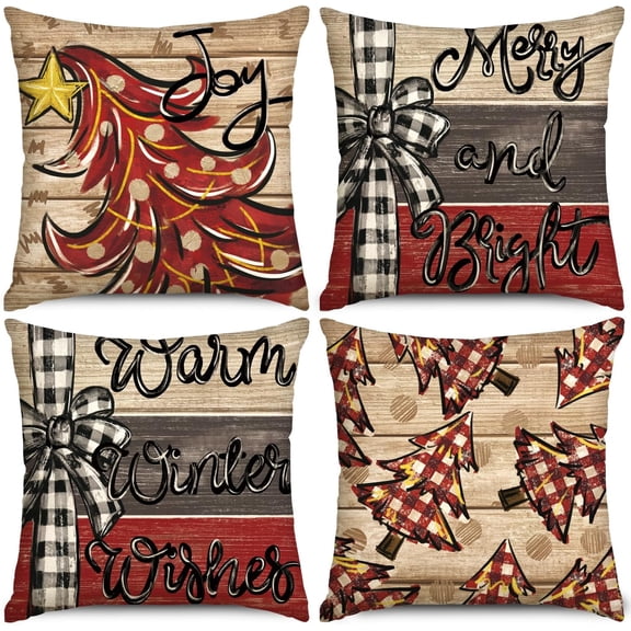 Christmas Pillow Covers18x18Inch, Red Xmas Trees Buffalo Plaid Throw Pillow Case Merry and Bright Winter Christmas Cushion Case Decoration for Home Sofa Couch Set of 4