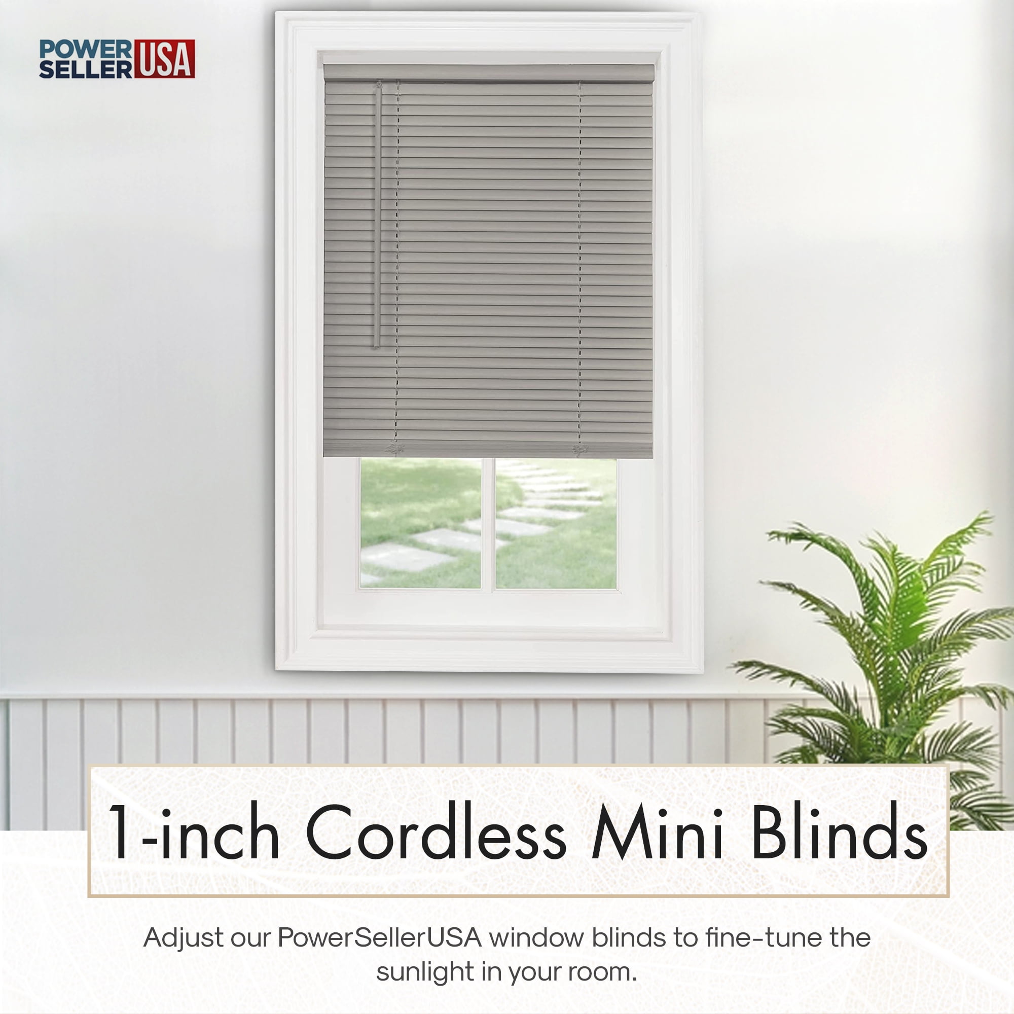 PowerSellerUSA 1" Slats Cordless Window Blinds, 72L x 31W Inches Solid Pattern Light Filtering Vinyl Indoor-Outside Ceiling Mount Mini Blind, Manual Cordless Rollup Window Privacy Blinds, Gray