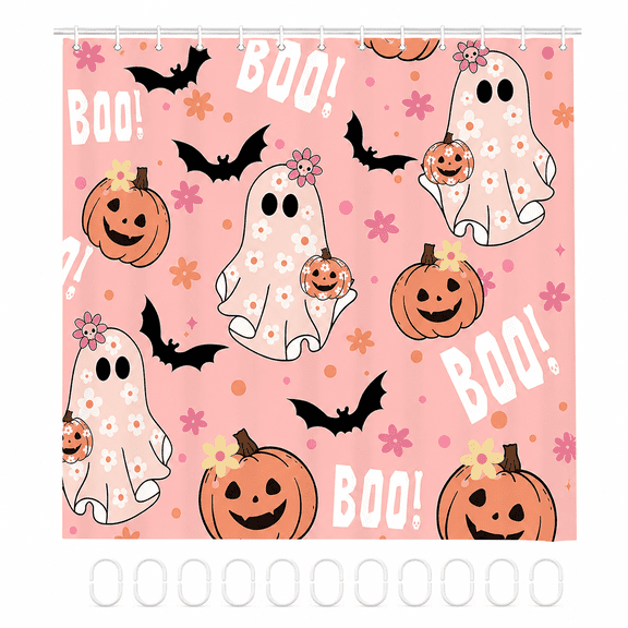 Pink Halloween Shower Curtain, Cute Ghost Pumpkin Black Bat Boo Shower Curtains for Bathroom Decor, Funny Cartoon Spooky Halloween Fabric Bath Curtain Set with Hooks, 72X72IN