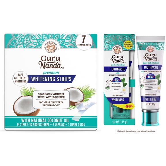 GuruNanda Whitening System Bundle, 7-Day Treatment Whitening Strips & Whitening Toothpaste with Neem