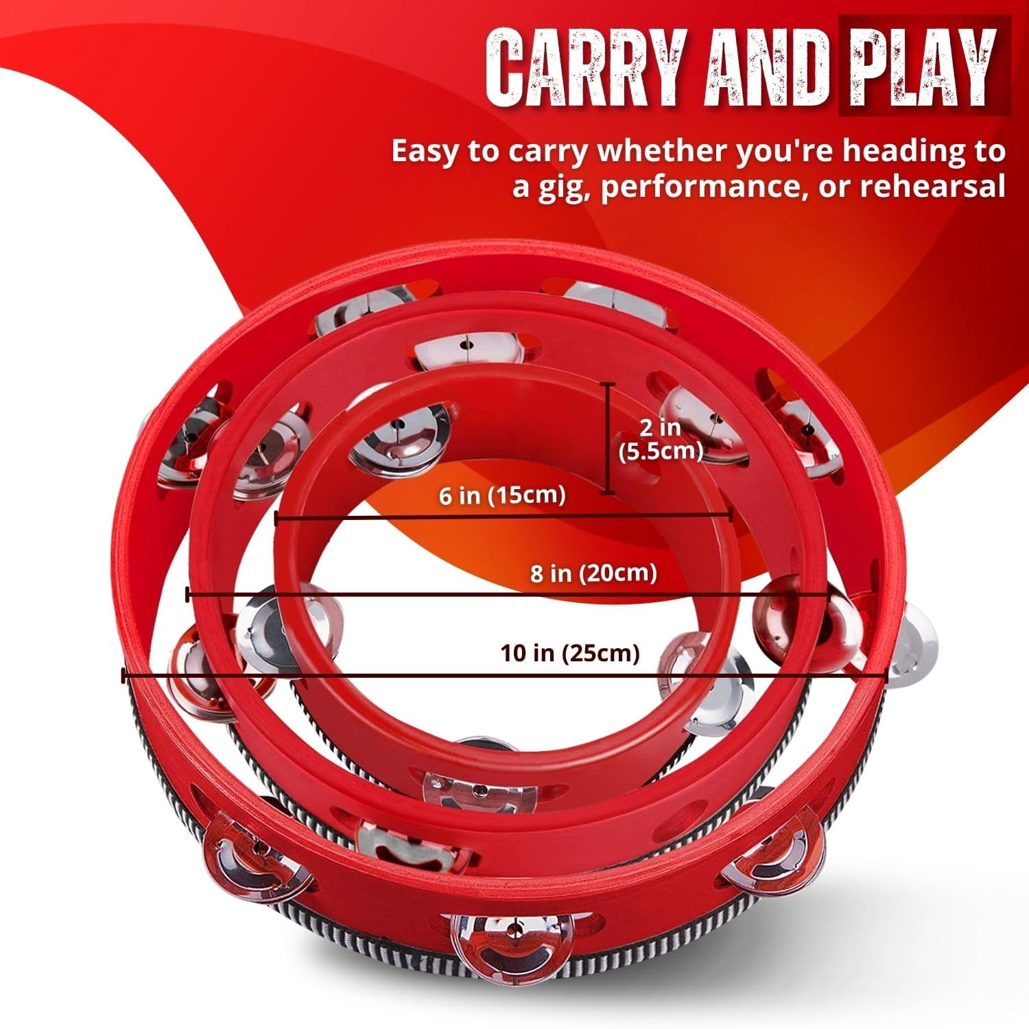 Flexzion Wooden Round Tambourine for Kids and Adults 10, 8, 6-Inch Single Row 8 Pair Jingles, Red Handheld Percussion Instrument for Beginner and Professional Tambourine Player, 3 Pack